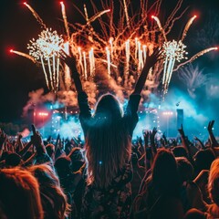 Fototapeta na wymiar Energetic crowd celebrating with fireworks at a music festival