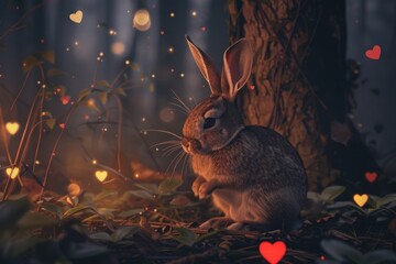 small bunny sitting in the forest at night with hearts