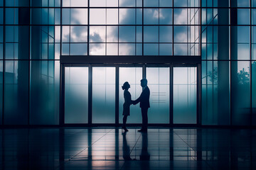 business couple shaking hands in front of a large office door - obrazy, fototapety, plakaty