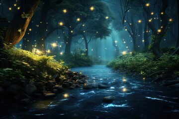 A magical night in the forest, glowing fireflies over the stream, unearthly lights among the trees. Concept: Magical nights and natural fantasy environments.