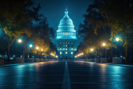 During night, Washington DC Capitol Hill dome building is illuminated. AI Generation