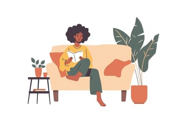 Woman sitting on the sofa reading a book in a flat vector illustration with a white background