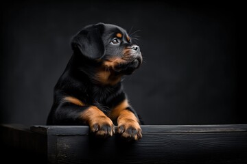 Rottweiler pup sits on box, gazes up in darkness, showing carnivorous nature - obrazy, fototapety, plakaty