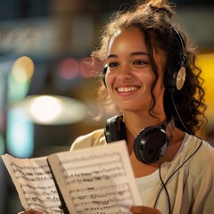 Teenager immersed in music holding a sheet of notes with headphones