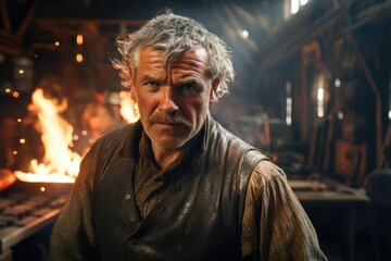 Portrait of an elderly blacksmith in solitude, mustached and wise, with a burning crucible in the background.