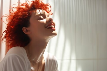 a girl in white clothes and red hair, in the bathroom
