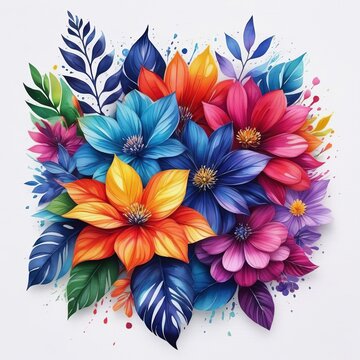 Colorful, intricate painting of flowers, showcasing variety of vibrant hues, all beautifully contrasted against clean white background.For website design, advertising, greeting card, poster, magazine.