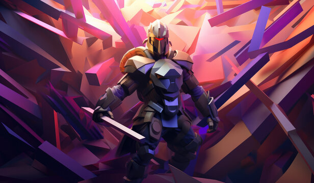 Advanced future knight warrior illustration. The battle to save the world, in the style of abstract minimalism appreciator, violet and amber, realistic hyper-detail, simple forms, havencore.