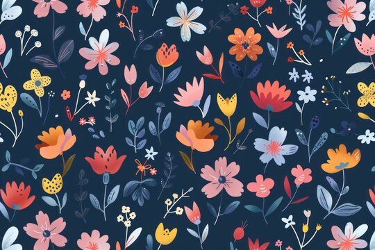 Cute colorful spring flowers pattern on a navy blue background