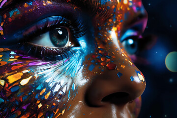 close view of woman's eye with decorative art makeup on her face
