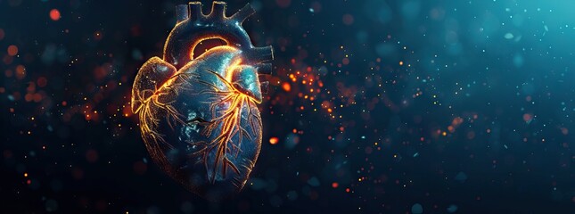 Futuristic holographic heart concept in glowing low polygonal style isolated on dark background. AI generated illustration - obrazy, fototapety, plakaty