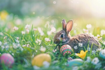 Easter bunny and colorful eggs in green grass meadow with flowers