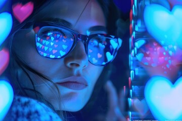 A closeup of the face and glasses reflecting blue light from an interactive screen