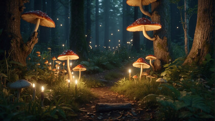 magic mushroom in the woods, magic mushroom in the forest, fairy scene