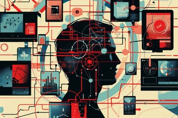 A man's head is surrounded by various monitors displaying data and graphs