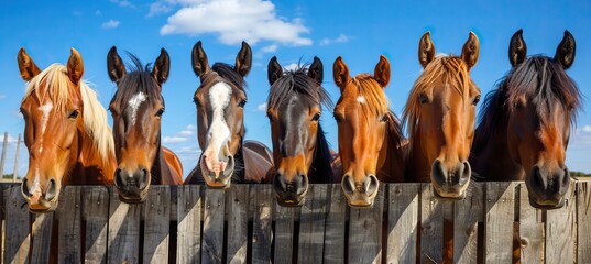 A group of horses in various colors and sizes, all standing close together behind the wooden fence at an horse farm on sunny day. AI generated illustration - obrazy, fototapety, plakaty