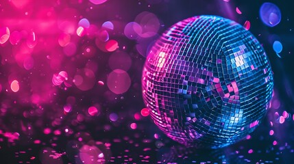 Obraz premium Glimmering Disco Ball Radiating Lights with a Festive Vibe. Perfect for Party Themes and Music Events. A Celebration Atmosphere Captured. AI