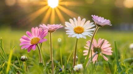 Pink field daisies in the grass against the background of sun rays, summer meadow
