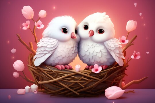 Valentine theme, two white birds in love nest surrounded by pink blossoms and candles, romantic scene