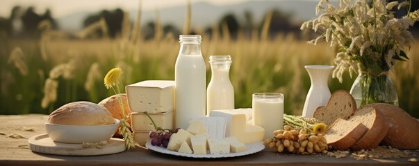 Rustic bread and dairy set on wooden table