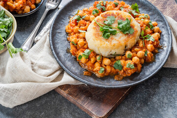 Vegan potato cake with chickpea curry