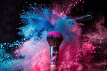 A makeup brush with colorful powder splashing around it