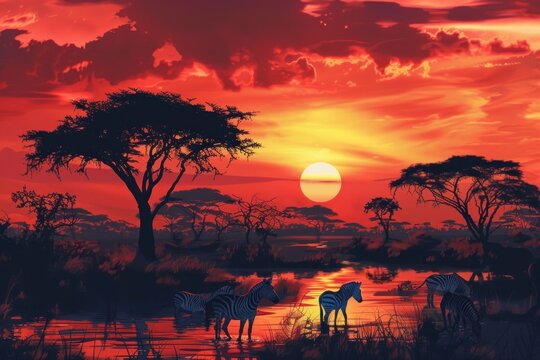 A majestic African sunset painting with silhouettes of acacia trees and wildlife like zebras