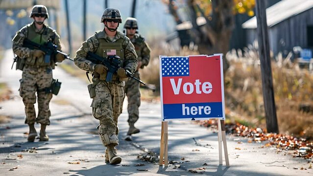 "Vote here" sign with two armed soldiers wearing combat fatigues and body arm walking while looking intimidating 