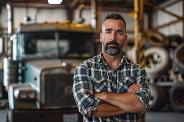 A rugged truck driver with his arms crossed