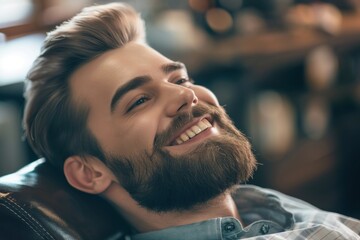 Happy man with beard in barbershop getting haircut smiling at camera. Young handsome guy laughing while sitting in the chair and having his hair cut in the style of a professional barber master