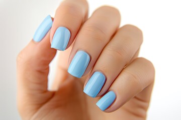 Beautiful woman's hand with light blue manicure on pastel background