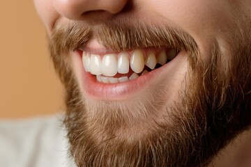 Close up portrait of a handsome young smiling man with a beard and healthy white teeth