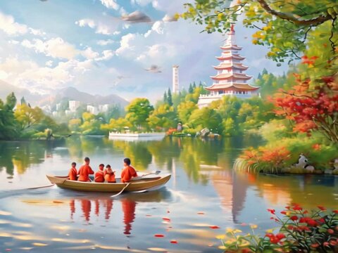 Idyllic Lakeside with Pagoda and Rowing Monks, Monks in saffron robes row peacefully on a serene lake, beneath a traditional pagoda, surrounded by a vibrant display of autumnal colors