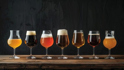 Different types of beer are presented in a row of glasses, showcasing the variety of colors and textures in each beverage - obrazy, fototapety, plakaty