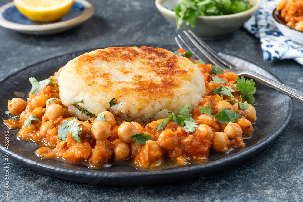 Poster vegan potato cake with chickpea curry