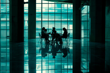 group of people in a business meeting in front of large windows