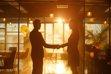 businessman and woman shaking hands at an office