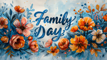 The symbolic phrase Family Day showcased on a watercolor postcard on a backdrop of summer blooms and abundant bright light