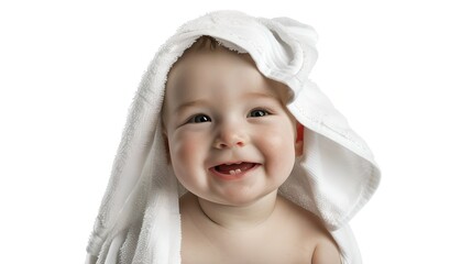 Joyful infant with a white towel on head smiling at the camera. Isolated on white background, portrait of happiness. Perfect for family content. AI