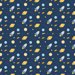 Space seamless pattern. Kids background with rocket, stars, Saturn, planets. Vector space doodle illustration on blue background. Flat design.
