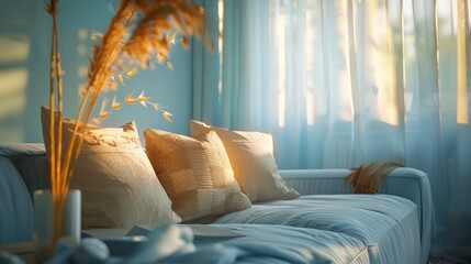 Serene Living Room, Soft morning sunlight filters through sheer curtains, white sofa - obrazy, fototapety, plakaty