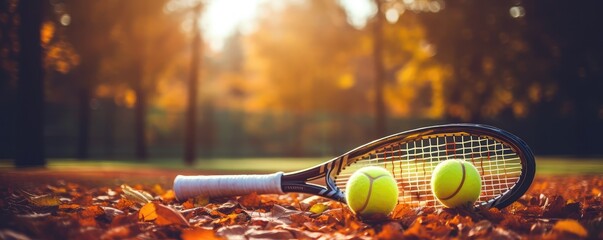 Autumn tennis court. Outdoor tennis sport play ground - obrazy, fototapety, plakaty