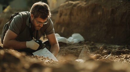 A photo of a journalist in the midst of an archaeological dig, dust-covered, camera slung over their shoulder, as they jot down notes next to a newly uncovered artifact, with the e