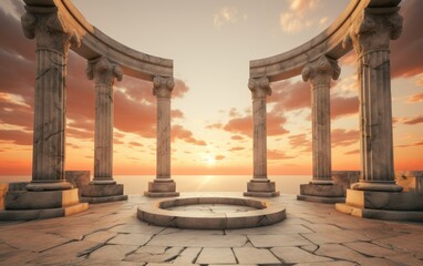 Ancient marble pillars in elliptical arrangement with orange sky - obrazy, fototapety, plakaty