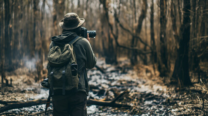 Naklejka premium An environmental journalist in a forest affected by climate change, holding a camera, with the stark contrast of the damaged environment around them, capturing the urgency of envir