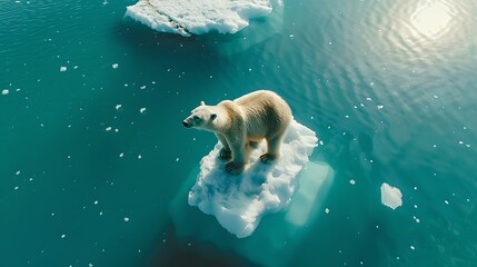 Lone polar bear on a small iceberg in the vast ocean. Wildlife in a changing climate. A serene, impactful environmental scene. AI
