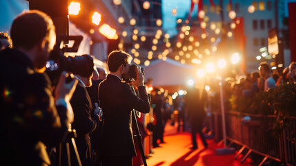 A reporter at an international film festival, interviewing a leading actor on the red carpet, the flash of cameras illuminating their faces against the evening sky, capturing the g