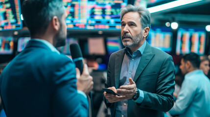 A financial reporter interviewing a market analyst on a bustling trading floor, the dynamic backdrop of screens and traders highlighting the pulse of the financial world, natural l - obrazy, fototapety, plakaty
