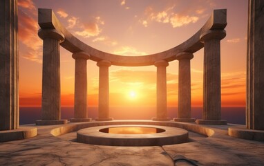 Ancient marble pillars in elliptical arrangement with orange sky - obrazy, fototapety, plakaty