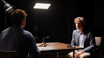 A reporter in a professional studio setting, sitting across from a renowned author, the focused lighting accentuating the thoughtful exchange of ideas and insights on literature an